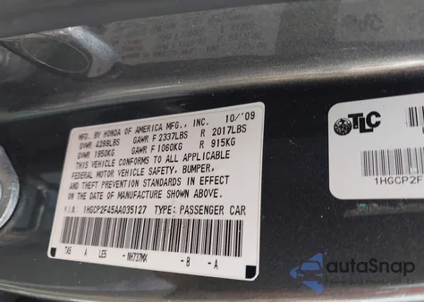 2010 Honda Accord 2.4 Lx-P from USA, damaged, VIN 1HGCP2F45AA035127